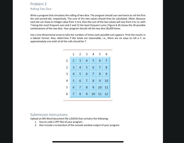 Solved Problem 3 Rolling Two Dice Write a program that | Chegg.com