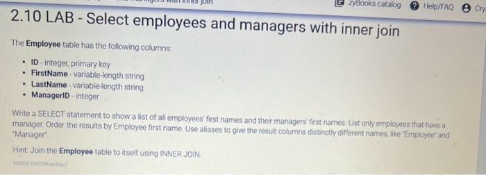 Solved 2.10 LAB - Select employees and managers with inner | Chegg.com