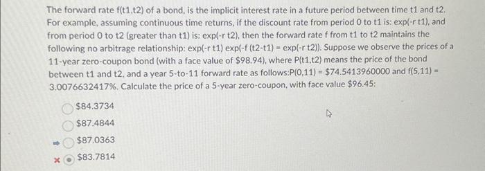 Solved The forward rate f(t1,t2) of a bond, is the implicit | Chegg.com