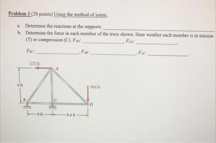 Solved Problem 3 (20 Points) Using The Method Of Joints, A. | Chegg.com