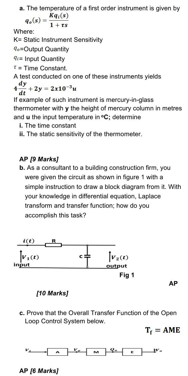 Solved 9.(3) a. The temperature of a first order instrument | Chegg.com