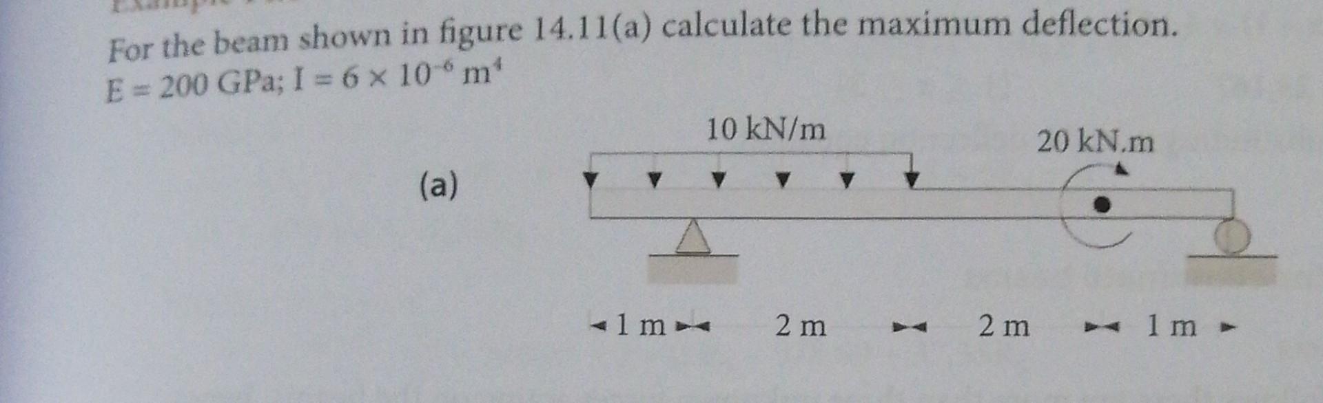 For the beam shown in figure \( 14.11 \) (a) calculate the maximum deflection.
\[
E=200 \mathrm{GPa} ; \mathrm{I}=6 \times 10