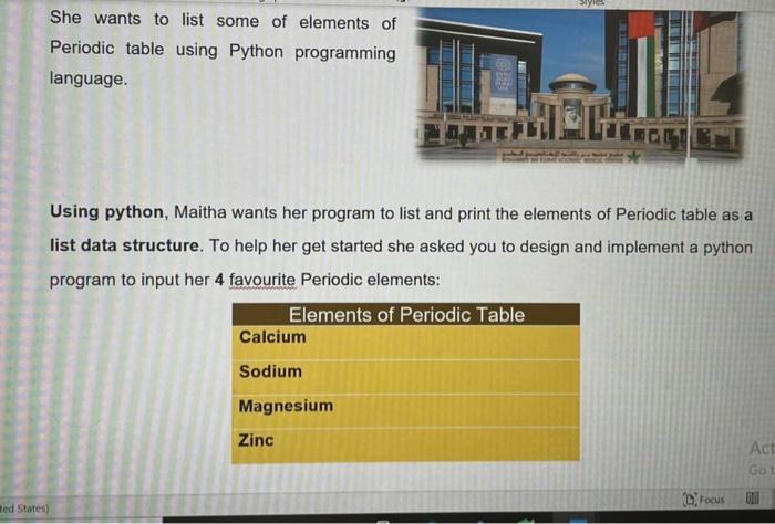Solved She wants to list some of elements of Periodic table | Chegg.com