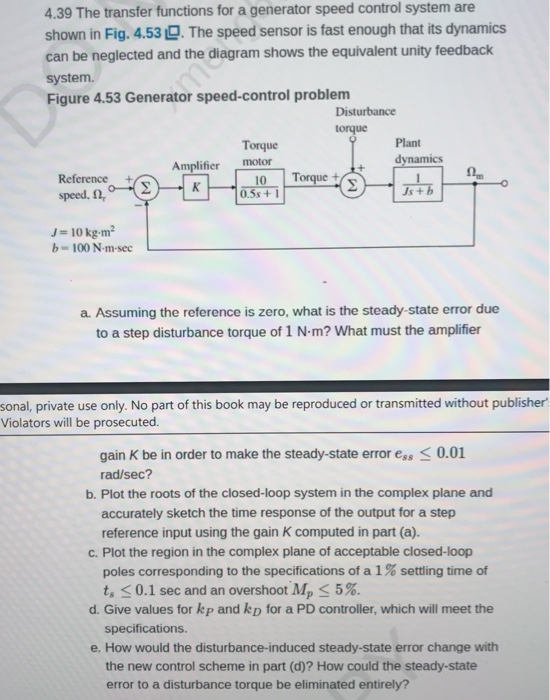 4.39 The transfer functions for a generator speed