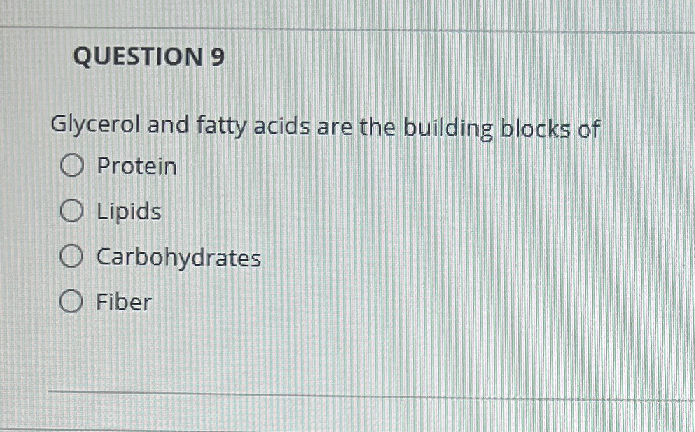 Solved QUESTION 9Glycerol and fatty acids are the building | Chegg.com