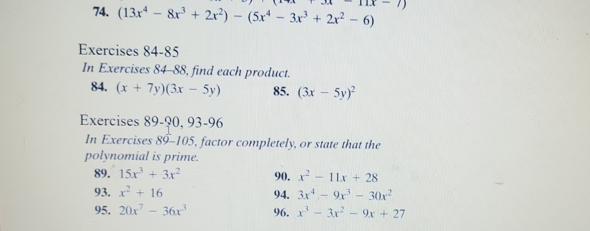 Solved (13x4-8x3+2x2)-(5x4-3x3+2x2-6)Exercises 84-85In | Chegg.com