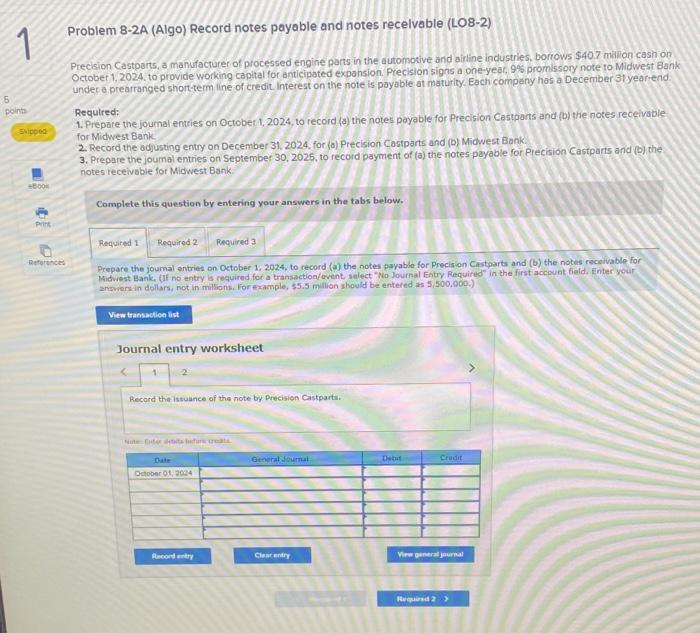Solved Problem 8-2A (Algo) Record notes payable and notes | Chegg.com
