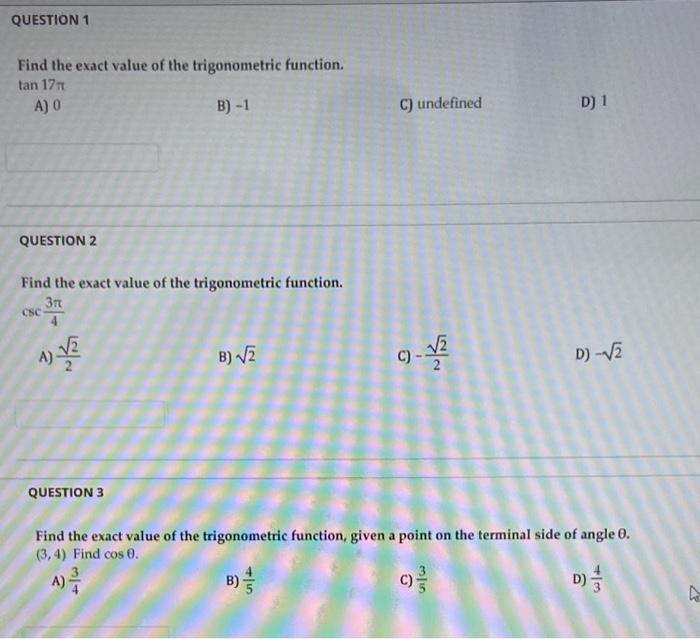 Solved Find the exact value of the trigonometric function. | Chegg.com