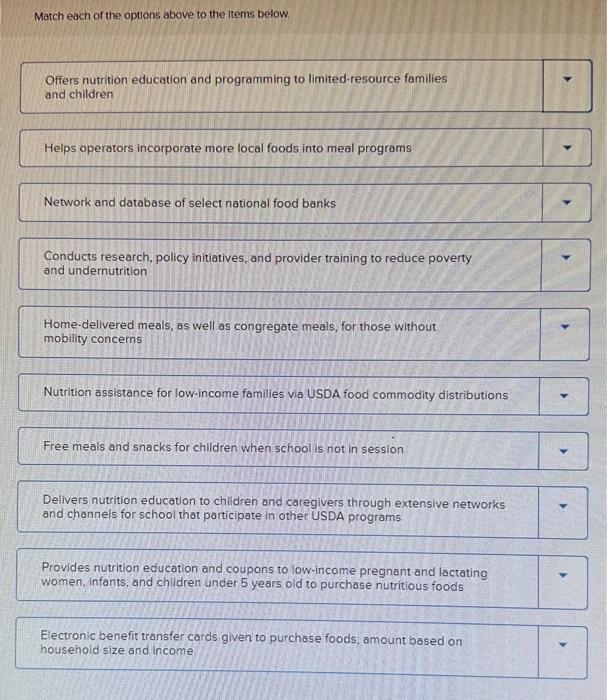 Match each of the options above to the ltems below.
Offers nutrition education and programming to limited-resource families a