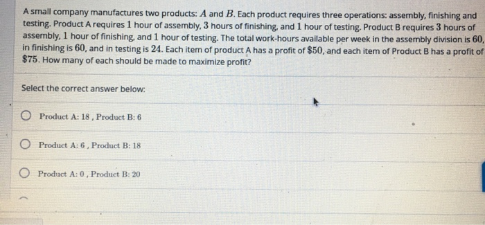 Solved A small company manufactures two products: A and B. | Chegg.com