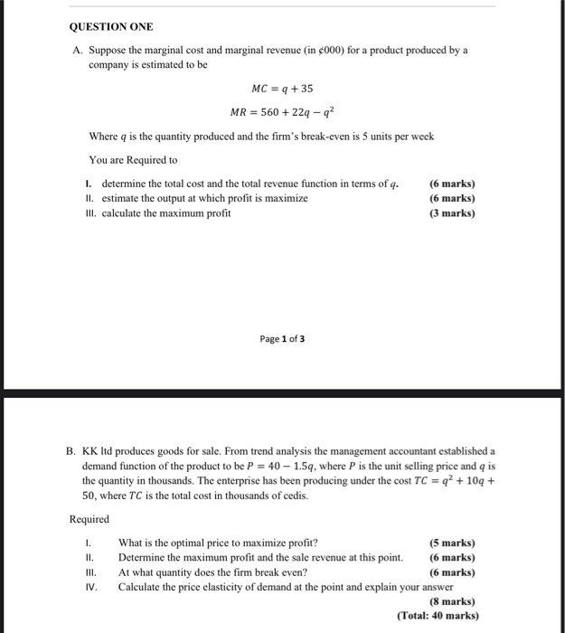 Solved QUESTION ONE A. Suppose the marginal cost and | Chegg.com