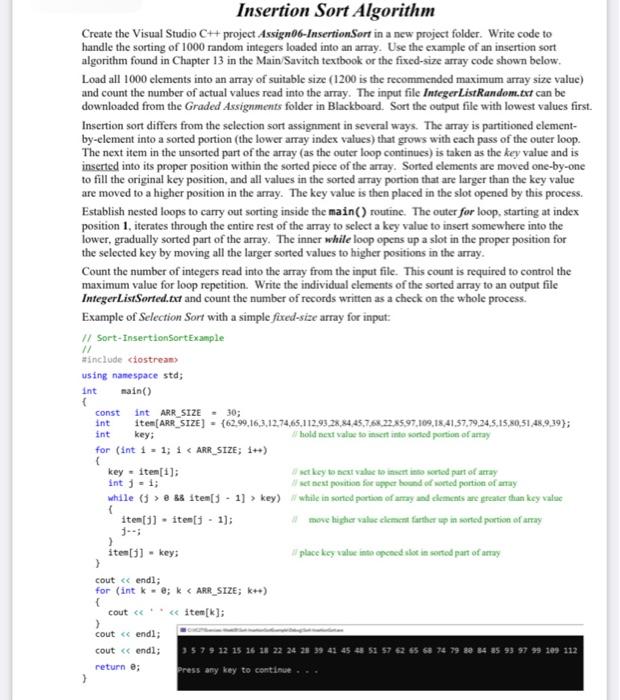 Solved Insertion Sort Algorithm Create the Visual Studio C++ | Chegg.com