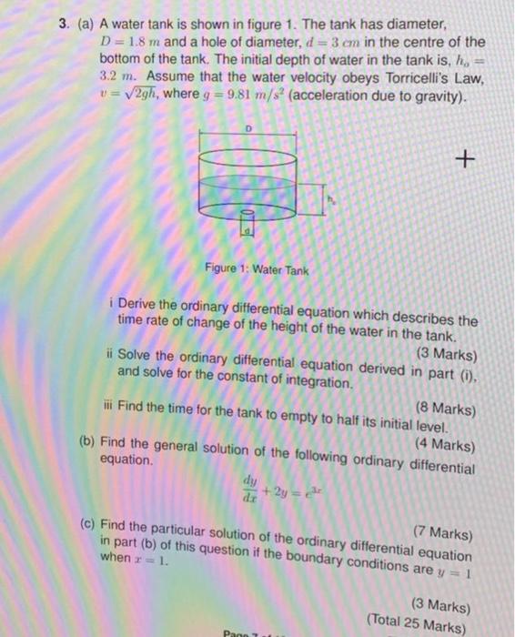 Solved 3. (a) A water tank is shown in figure 1. The tank | Chegg.com