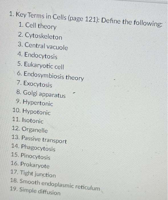 Solved 1 Key Terms In Cells Page 121 Define The Chegg Com
