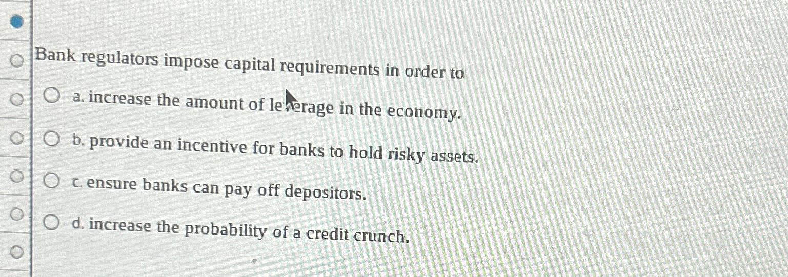 Solved Bank regulators impose capital requirements in order