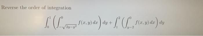 Reverse the order of integration \[ \int_{0}^{1}\left(\int_{-\sqrt{2 y-y^{2}}}^{0} f(x, y) d x\right) d y+\int_{1}^{2}\left(\