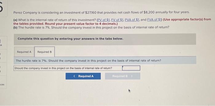 Solved Perez Company Is Considering An Investment Of $27,160 | Chegg.com