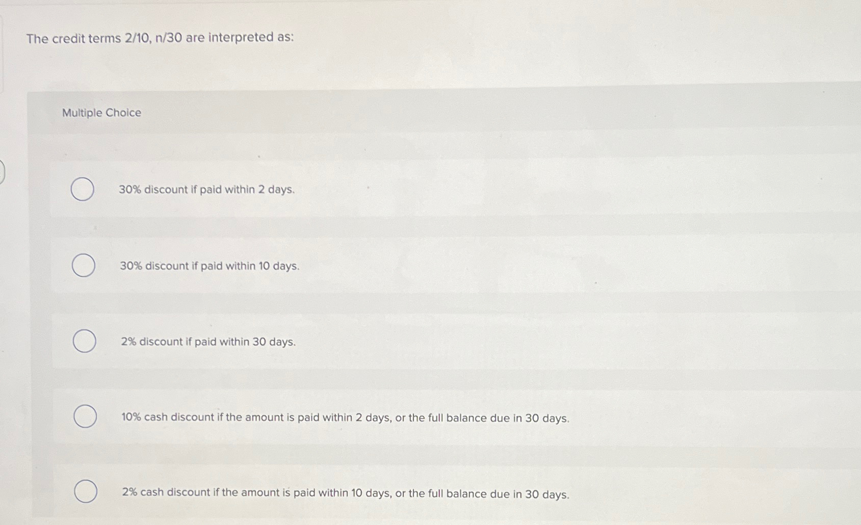 credit terms 2 10 n 30 are interpreted as