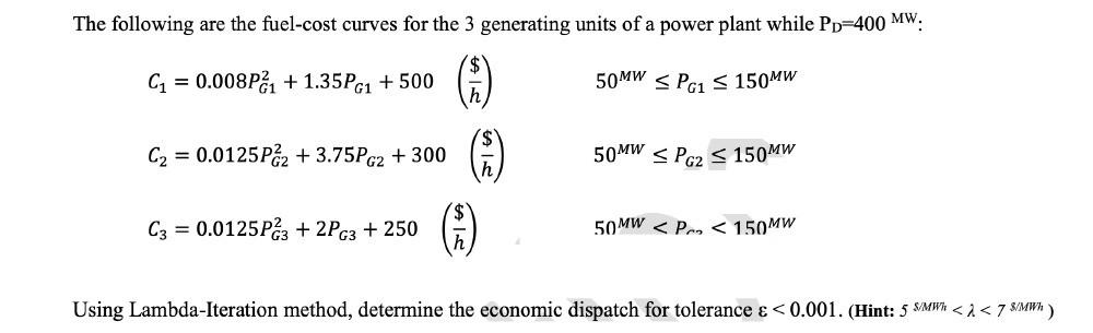 Solved The following are the fuel-cost curves for the 3 | Chegg.com