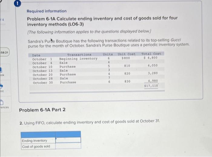 Solved Required Information Problem 6-1A Calculate Ending | Chegg.com