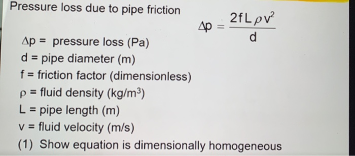 Solved Pressure loss due to pipe friction 2fL pv? Др: d Ap = | Chegg.com
