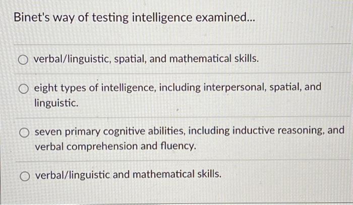 Solved Binet's way of testing intelligence examined... | Chegg.com