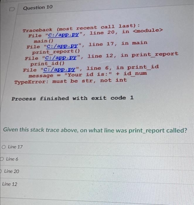 Solved Question 9 Traceback (most Recent Call Last): File | Chegg.com