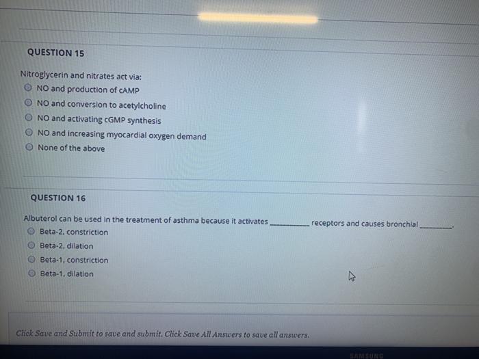 QUESTION 15 Nitroglycerin and nitrates act via: O NO and production of CAMP O NO and conversion to acetylcholine O NO and act