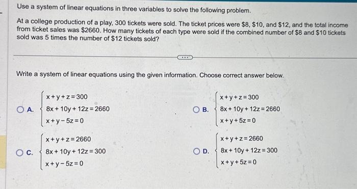 Solved Use a system of linear equations in three variables | Chegg.com