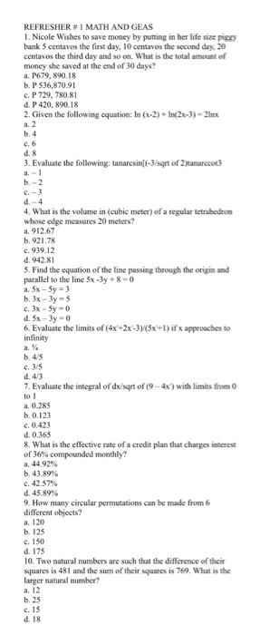 Solved REFRESHER #I MATH AND GEAS 1. Nicole Wishes to save | Chegg.com