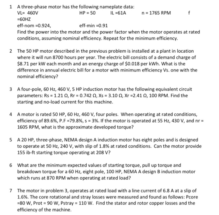Solved 1 A three-phase motor has the following nameplate | Chegg.com