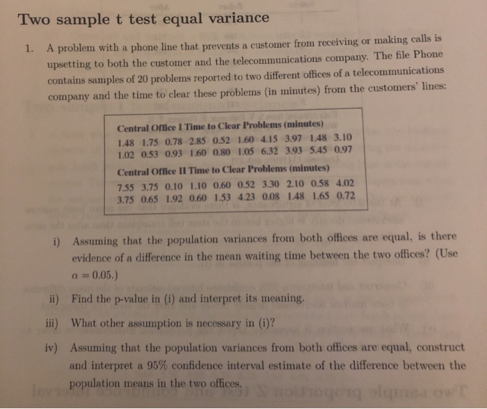 Solved Two sample t test equal variance 1. A problem with a | Chegg.com