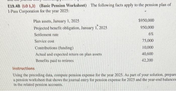 Solved E19.4B (LO 1,2) (Basic Pension Worksheet) The | Chegg.com