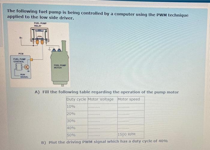 Solved The following fuel pump is being controlled by a | Chegg.com