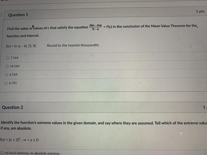Solved 1 pts Question 1 Find the value or values of c that | Chegg.com