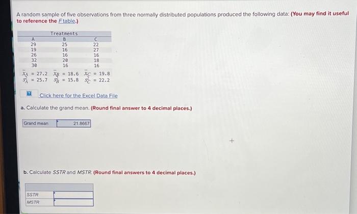 Solved A Random Sample Of Five Observations From Three | Chegg.com