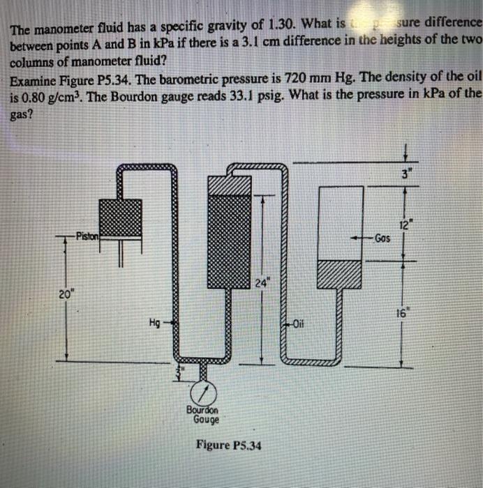 Solved The manometer fluid has a specific gravity of 1.30.