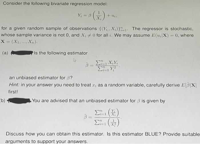 Solved Consider The Following Bivariate Regression Model: Y₁ | Chegg.com