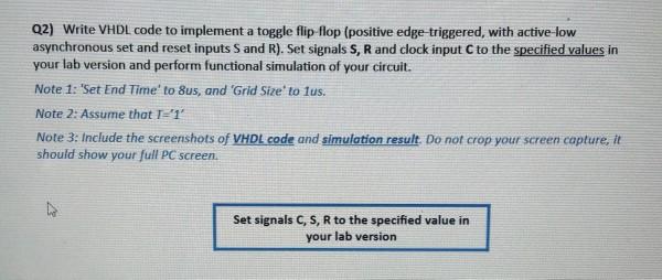 Q2) Write VHDL code to implement a toggle flip flop | Chegg.com
