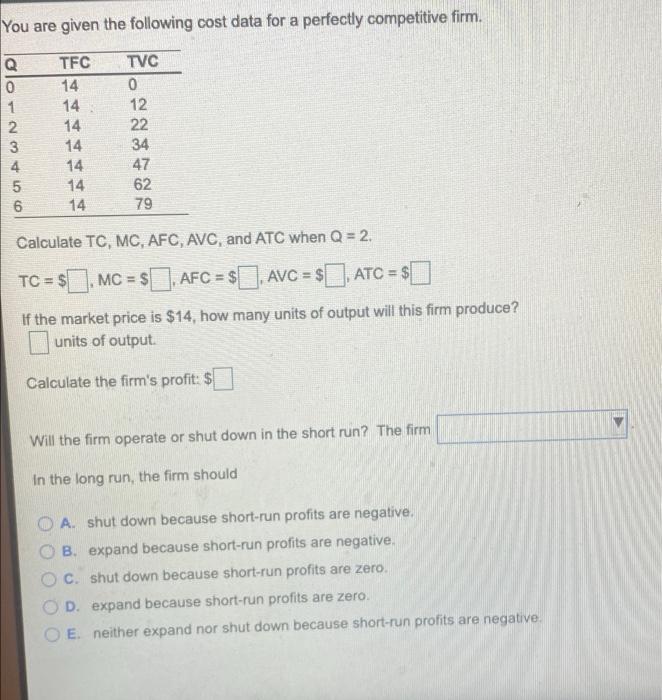 Solved You are given the following cost data for a perfectly | Chegg.com