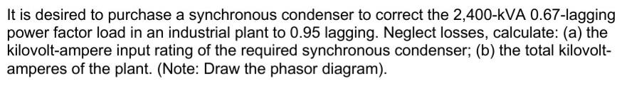 Solved It Is Desired To Purchase A Synchronous Condenser To | Chegg.com