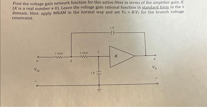 Solved Find the voltage gain network function for this | Chegg.com