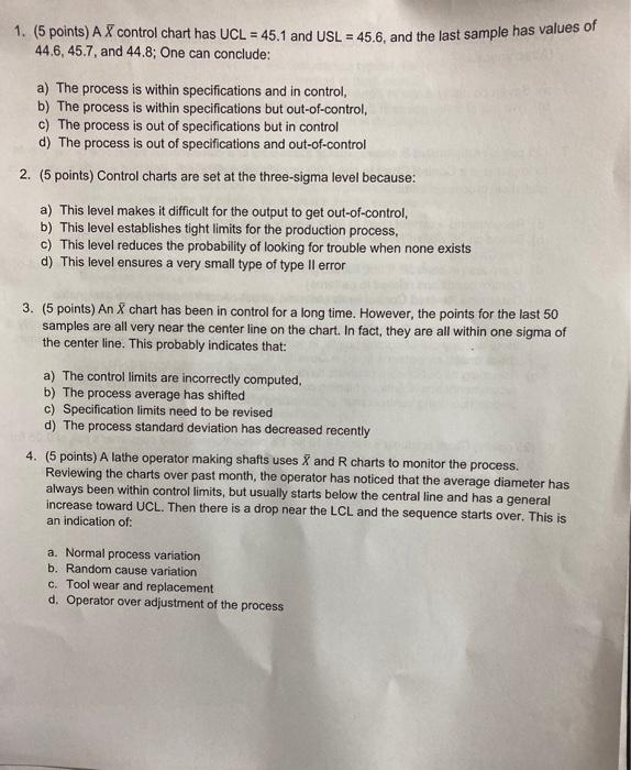 Solved 1 5 Points A Control Chart Has Ucl 451 And Usl 1131