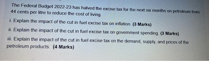 Solved The Federal Budget 2022-23 has halved the excise tax | Chegg.com