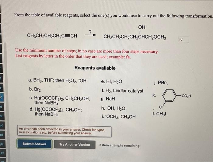 Solved From the table of available reagents select the