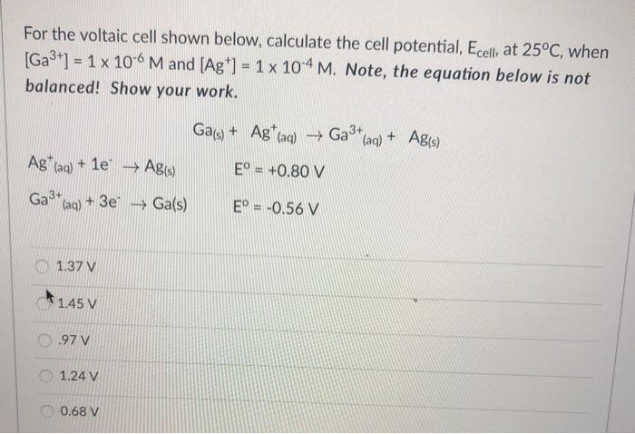 Solved For the voltaic cell shown below, calculate the cell | Chegg.com