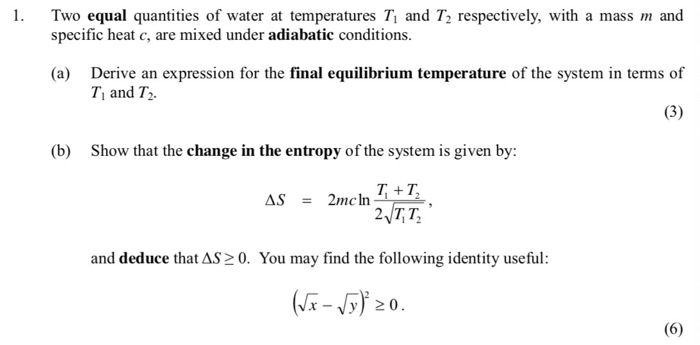 Solved Two equal quantities of water at temperatures Ti and | Chegg.com