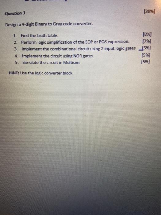 Solved Question 3 [30%) Design a 4-digit Binary to Gray code | Chegg.com