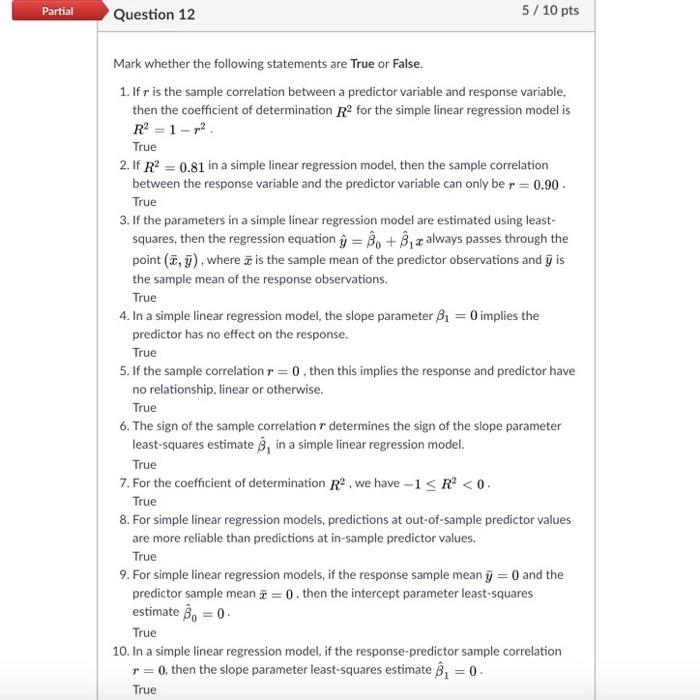 Solved Partial Question 12 5 / 10 pts Mark whether the | Chegg.com