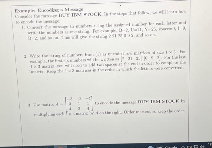 Solved Example: Encoding a Message Consider the message BUY | Chegg.com